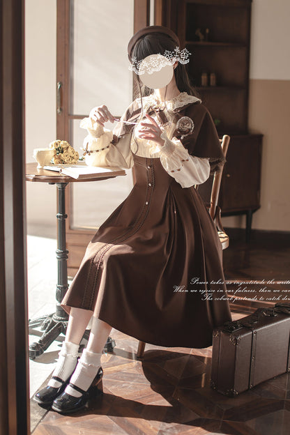 Sunset Academy Vintage College Lolita Dress with Ruffle Bowknot - Long Sleeves