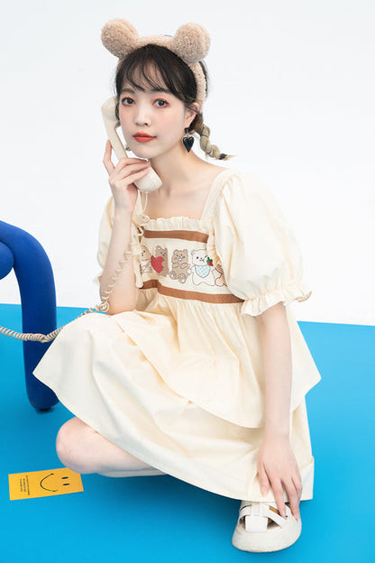 Vintage Sweet Lolita Gown with Bear Print, Square Neck & Ruffled Sleeves