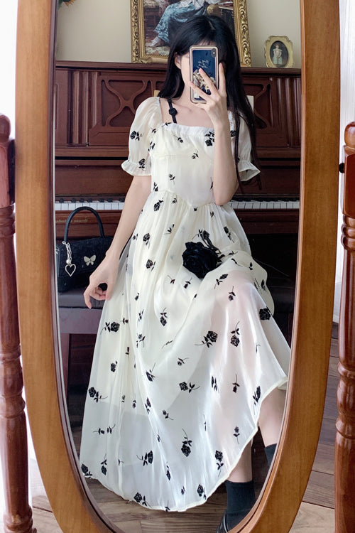 Plus Size Sweet Lolita Dress with French Square Collar, Rose Print & Short Sleeves, Cream
