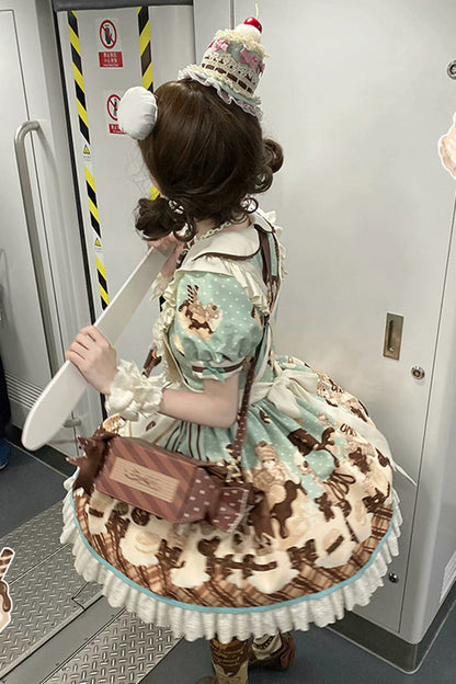 Peppermint Chocolate Cake Bear Print Lace-Up Lolita Dress with Bow - Sweet