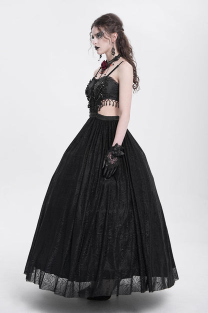Women's Gothic Party Slip Dress with Floral Embroidery and Lace Ripped in Black Jacquard