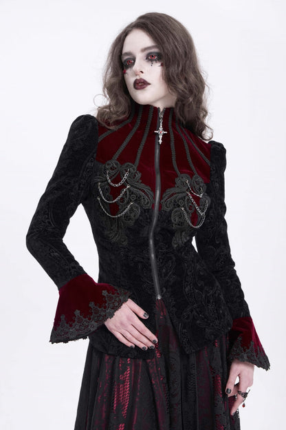 Crimson & Obsidian Stand Collar Long Trumpet Sleeves Embroidery Gothic Jacket