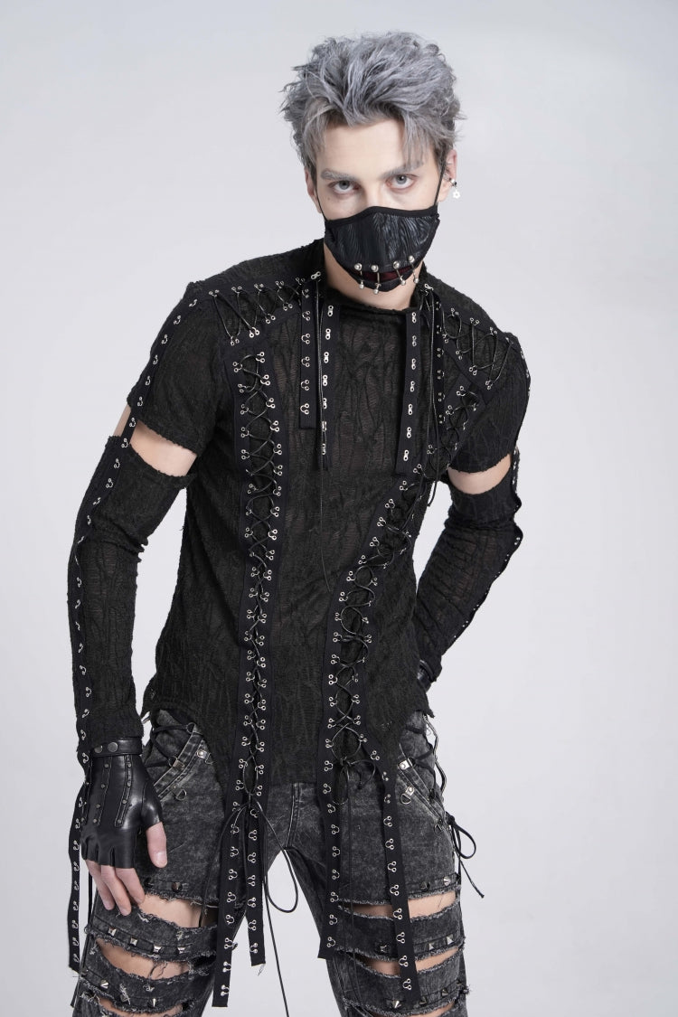 Ebony Long-Sleeve Strap Lace-Up Irregular Sheer Men's Punk Tee