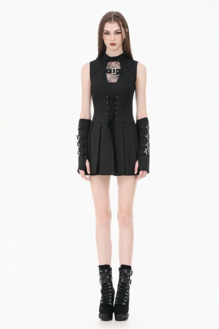 No-Sleeve Cobweb Sheer Mesh Lace-Up Punk Mini Dress