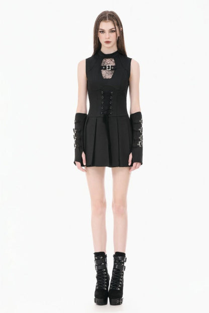 No-Sleeve Cobweb Sheer Mesh Lace-Up Punk Mini Dress
