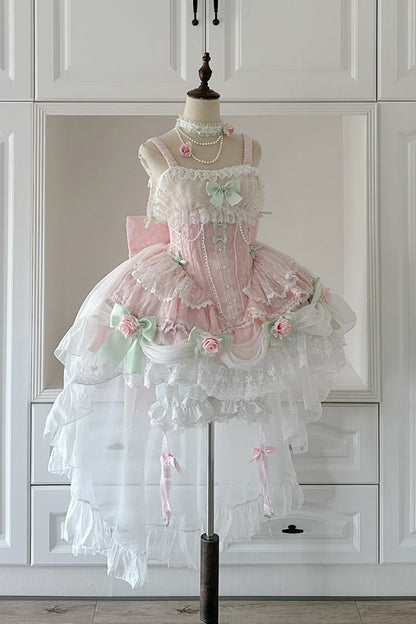 Blush Sleeveless Embroidered Bow Lace Pearl JSK with Ruffles - Honey Rose