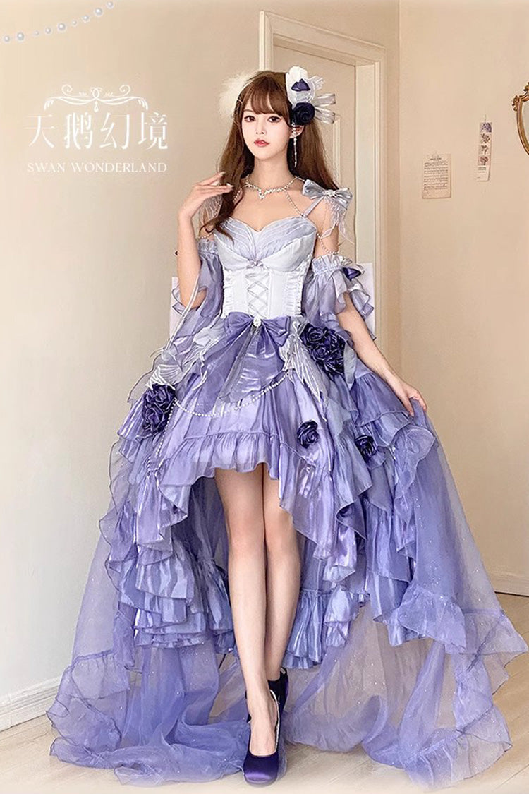 Irregular Sweet Ballet Lolita JSK Dress with Embroidery Bowknot Lace-Up in Misty Purple Swan Wonderland
