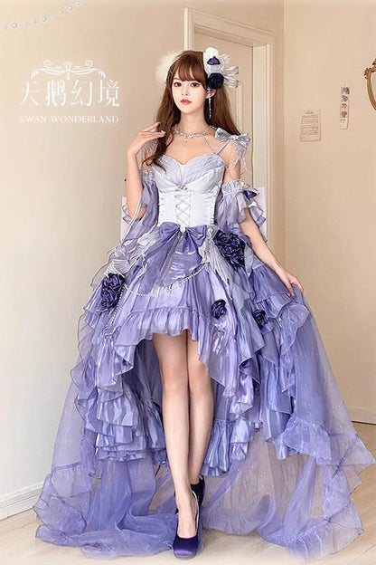 Irregular Sweet Ballet Lolita JSK Dress with Embroidery Bowknot Lace-Up in Misty Purple Swan Wonderland