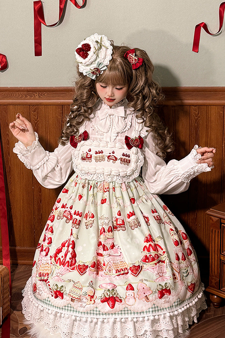 High Waisted Ruffle Bowknot Sweet Lolita JSK Dress with Strawberry Dessert Print - 4 Colors
