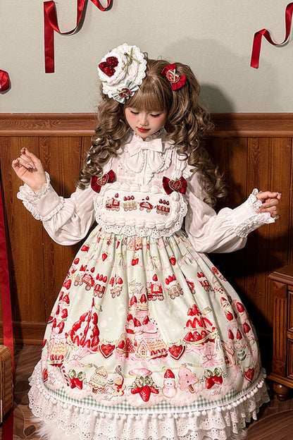 High Waisted Ruffle Bowknot Sweet Lolita JSK Dress with Strawberry Dessert Print - 4 Colors