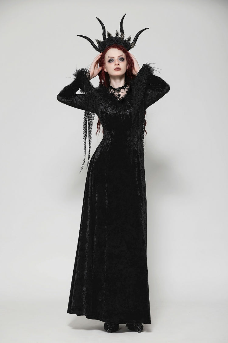 Ebony Long-Sleeve Velvet Lace Gothic Maxi Wedding Gown