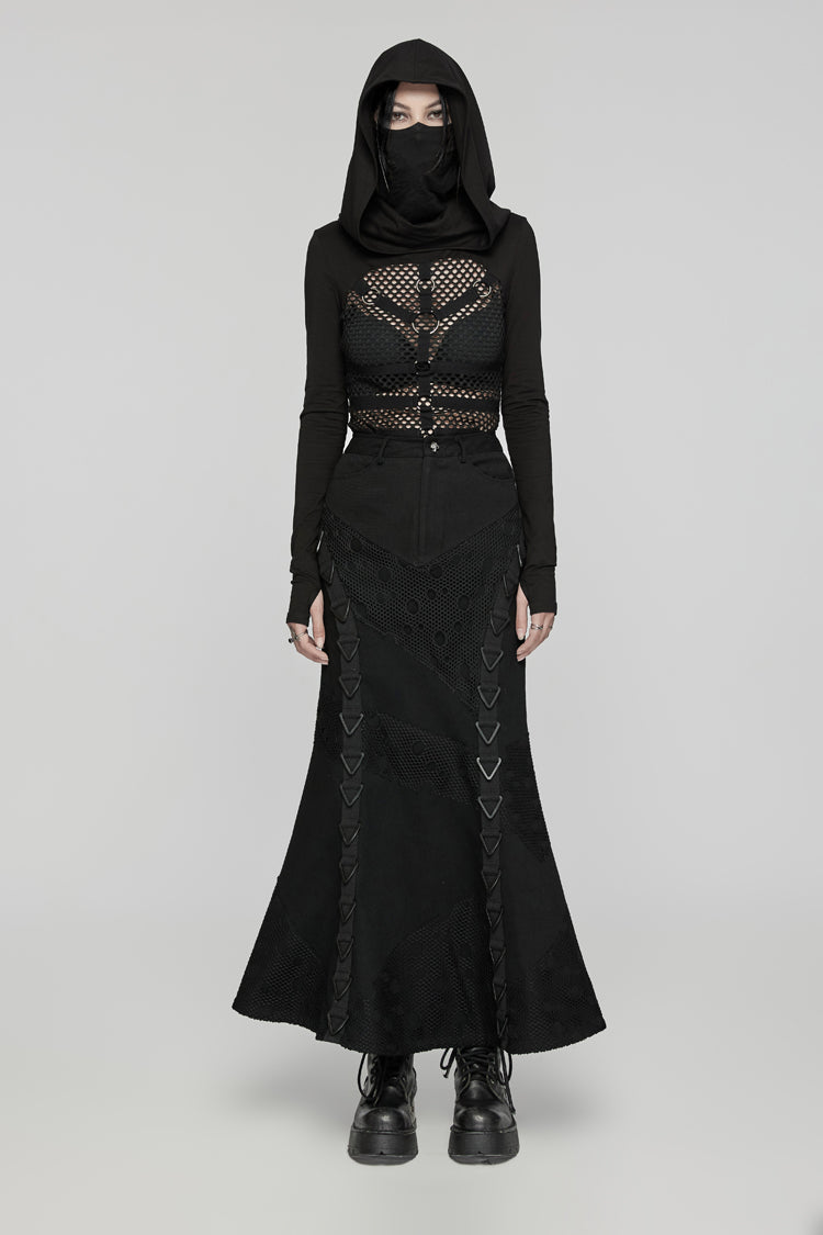 Ebony Long-Sleeve Hooded Sheer Punk Tee