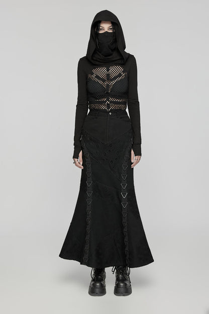 Ebony Long-Sleeve Hooded Sheer Punk Tee