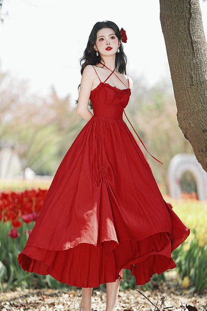 Crimson Classic Lolita JSK Dress with Double-Layered Ruffles and Rose Motif
