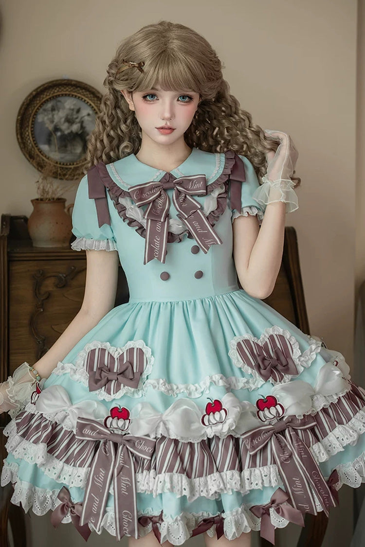 Emerald Lapel Collar Short Sleeve Triple-Layer Printed Ruffled Bow Lace Princess Sweet Lolita Gown