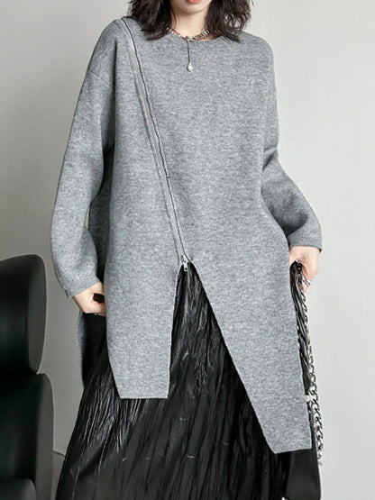 Street Grey Round-neck Zipper Decor Irregular High-low Hem Long Sleeve Sweater AN1067