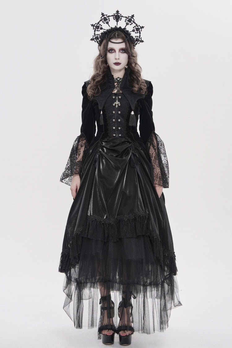 Ebony Flared-Sleeve Embroidered Lace Fitted Zip Gothic Batwing Jacket