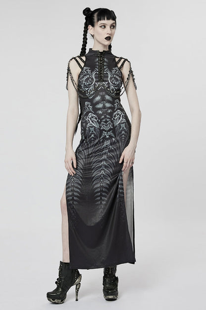 Side Slit Lace-Up Dress with Chain - Women's Gothic