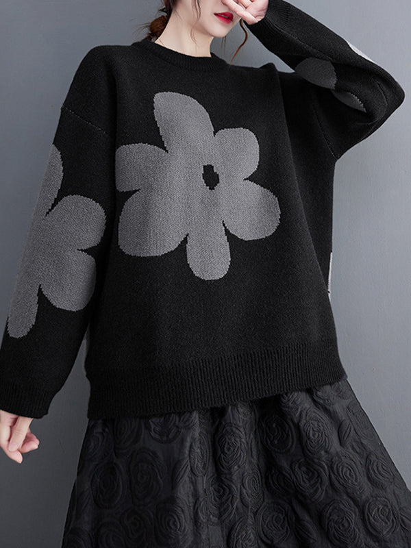 Cute Loose Black Round-Neck Contrast Color Flower Long Sleeve Sweater AN1070