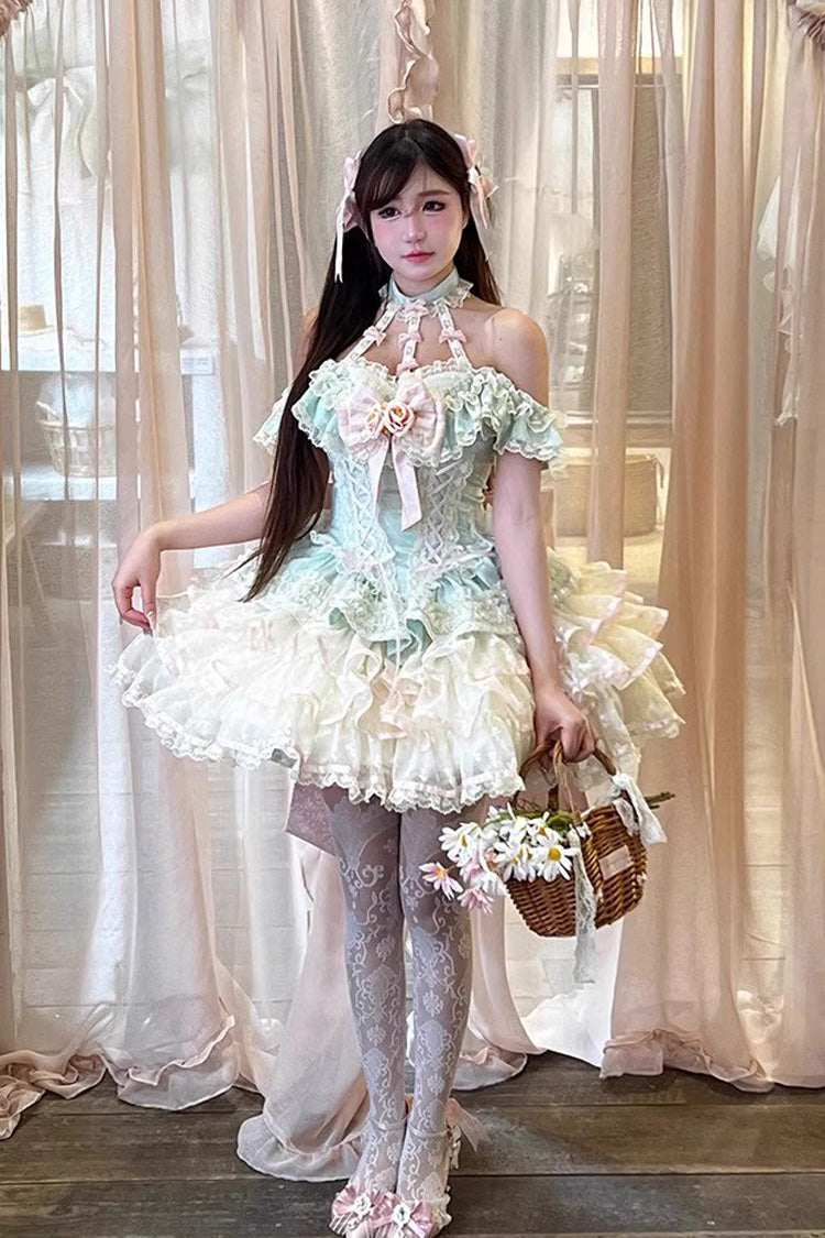 Emerald Halterneck Multi-Layer Ruffle Bow Rose Lace Lace-Up Sweet Ballet Lolita Jumper Dress