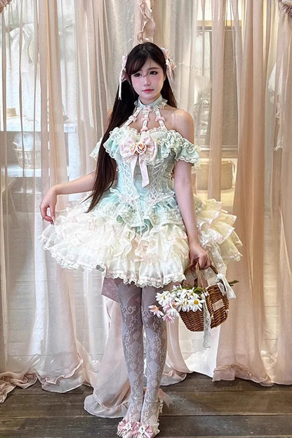 Emerald Halterneck Multi-Layer Ruffle Bow Rose Lace Lace-Up Sweet Ballet Lolita Jumper Dress