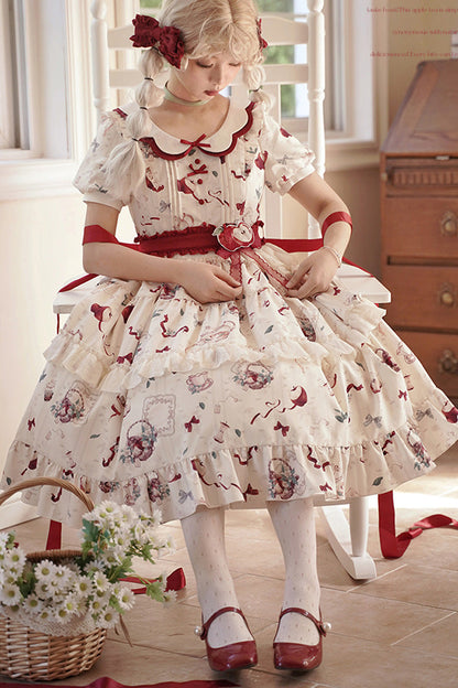 Ivory Apple Tea Print Short-Sleeve Country Ruffle Bow Sweet Lolita Dress Plus Size