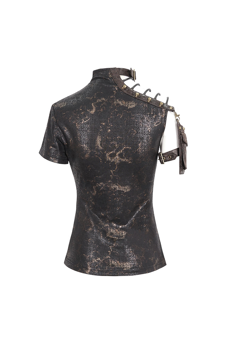 Graphic Spaghetti-Strap Punk Top with Buckle Accents