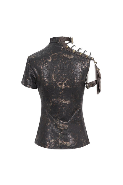 Graphic Spaghetti-Strap Punk Top with Buckle Accents