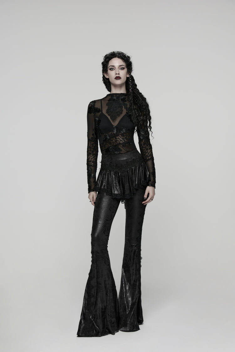 Slim Faux Two-Piece Flared Pants with Lace Accents