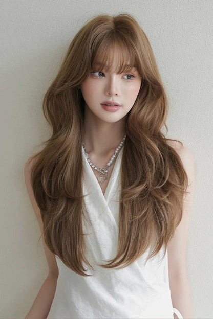 Coffee Milky Korean High-Layered Wavy Lolita Wig with Air Bangs