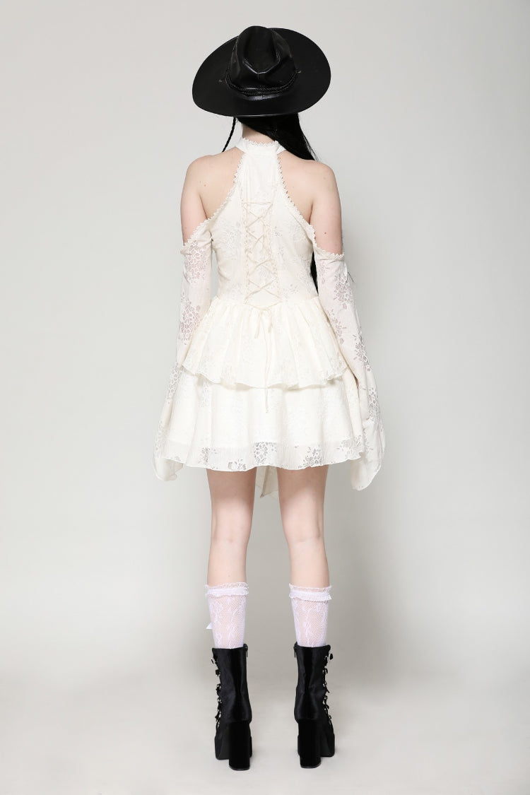 Steampunk Women's Dress with Halter Off-Shoulder Lapel Collar & Flare Sleeves, Cream