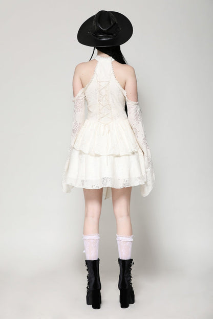 Steampunk Women's Dress with Halter Off-Shoulder Lapel Collar & Flare Sleeves, Cream