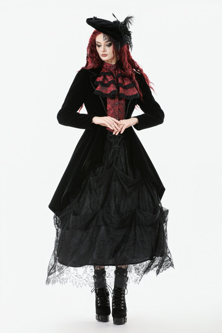 Crimson & Charcoal Peak Lapel Long Sleeve Layered Lace Mock Two-Piece Goth Tailcoat