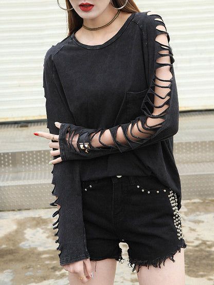 Black Sleeves T-shirt Out Long Round-neck Street Loose Hollow