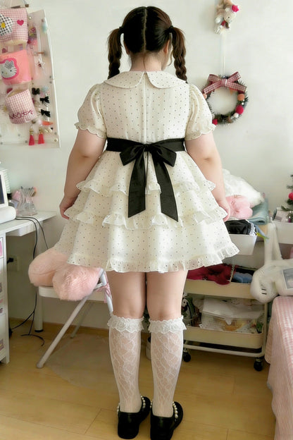 Ivory Doll Collar Short-Sleeve Polka Dot Ruffled Plus-Size Princess Lolita Dress