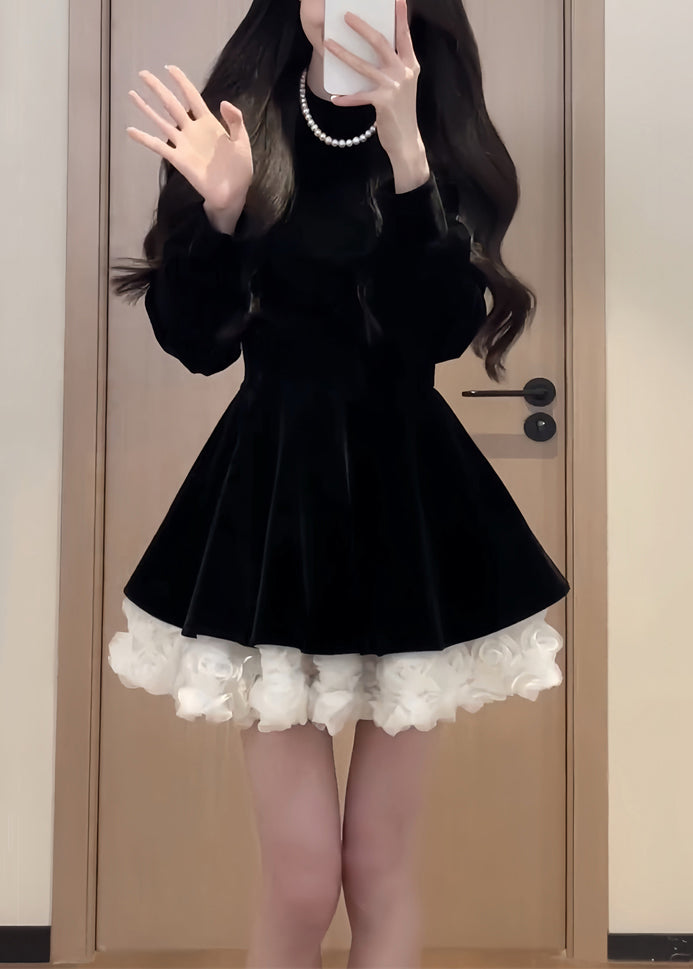 Velvet Simple Black Mid O Dress Spring Neck Silk Solid Patchwork