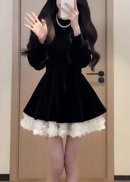 Velvet Simple Black Mid O Dress Spring Neck Silk Solid Patchwork