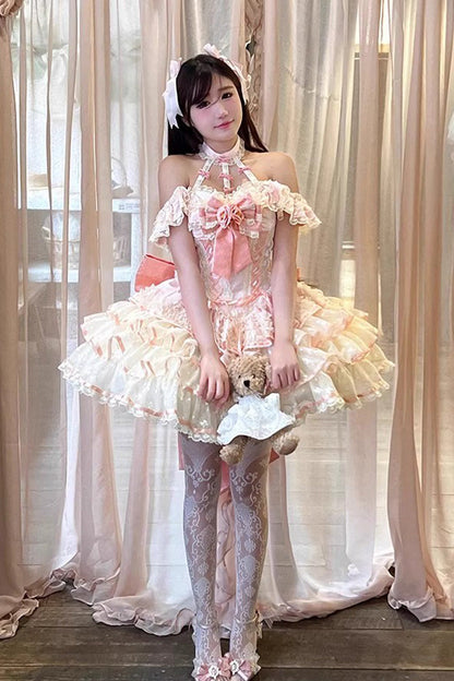 Blush Halter Multi-Tier Ruffle Bow Rose Lace-Up Ballerina JSK - Flower Language of Eros