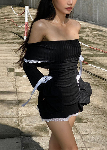 Lace Cotton Bow Dress Knitting Black Spring Neck Slim Fit Slash
