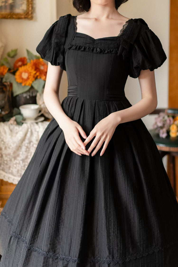Ebony Square-Collar Short-Sleeve Bow Vintage Gown - Forest Gallery