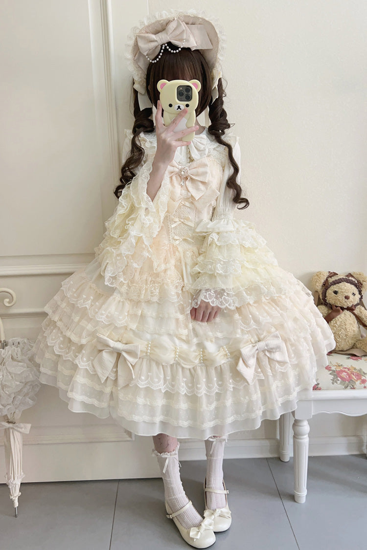 Sweet Princess Lolita Gown with Layered Bows & Lace Accents in Cream