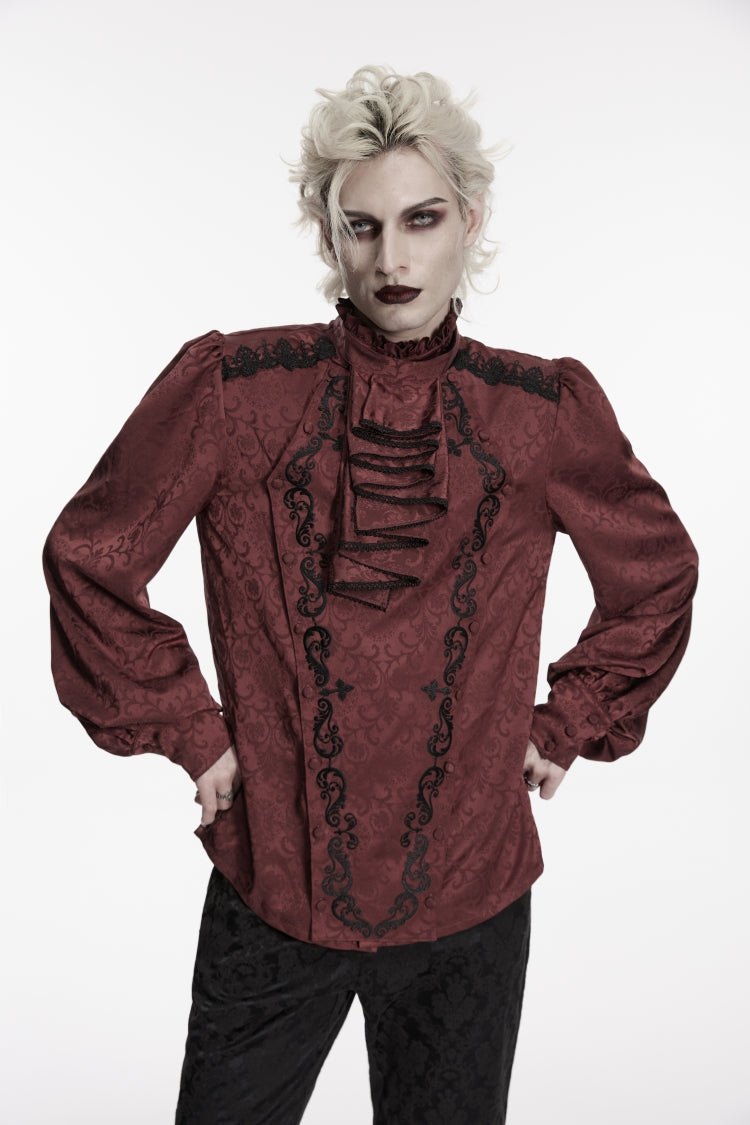 Crimson High-Neck Gothic Palace Shirt with Jacquard and Detachable Tie