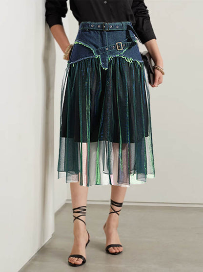 Denim Shiny Waisted Skirt A-Line Green Belted Chic High Tulle