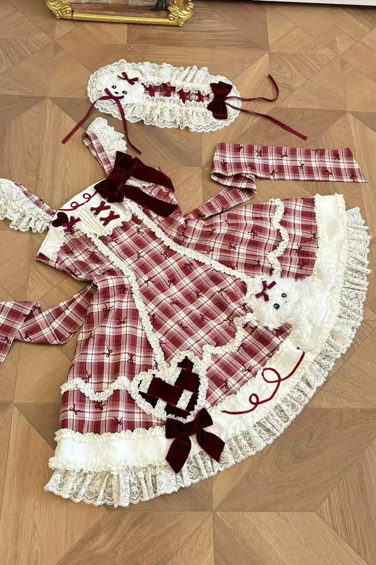 Crimson Square-Neck Sweet Lolita JSK Set with Plaid and Lace