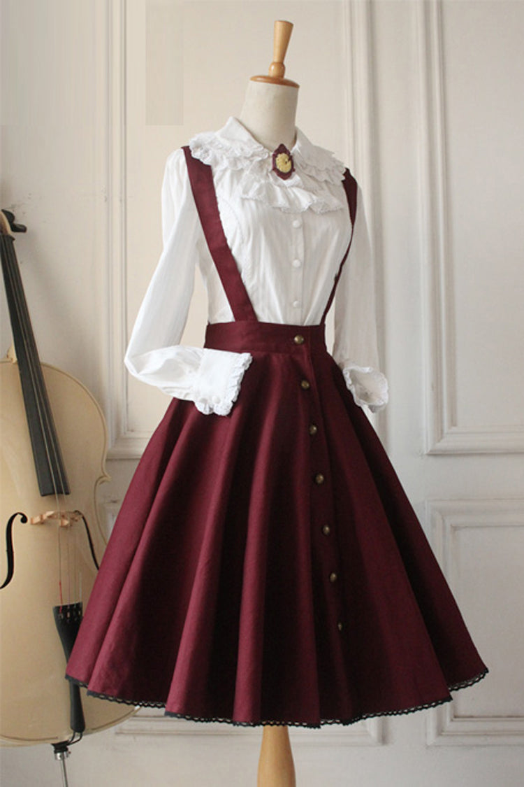 Vintage Single-Breasted Ruffled Lolita Skirt Dress with Strap in Wine - ClassicLolita