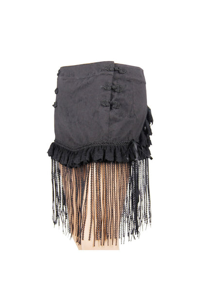 Women's Gothic Short Skirt with Lace Tassel Hem and Back Waist Lace Up in Black Jacquard