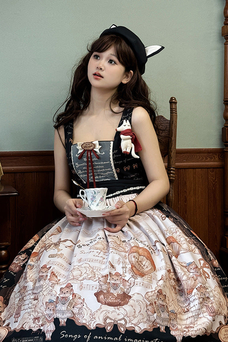 Ebony Printed Square-Collar Bow Classic Jumper Dress - Fox Band