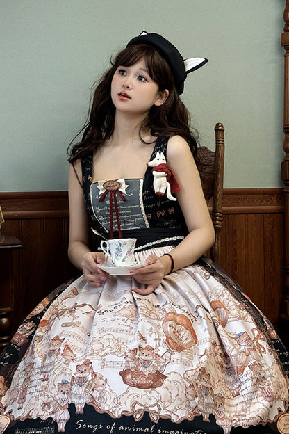 Ebony Printed Square-Collar Bow Classic Jumper Dress - Fox Band