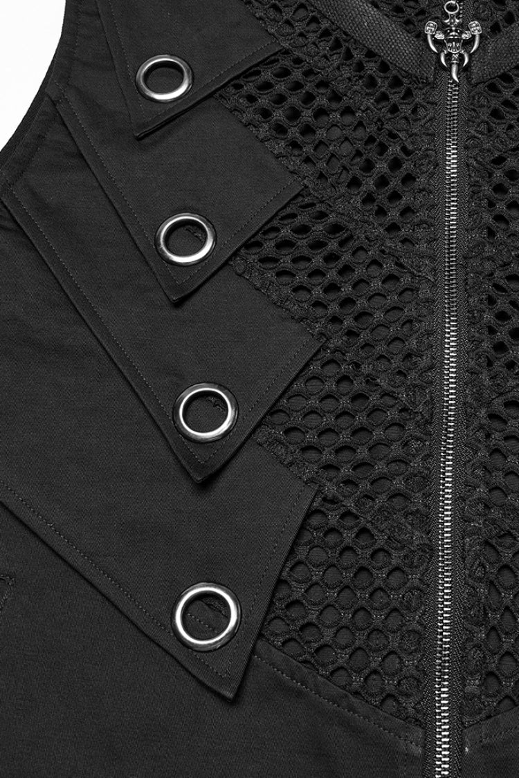 Men's Black Mesh Punk Vest, Stitched High Collar