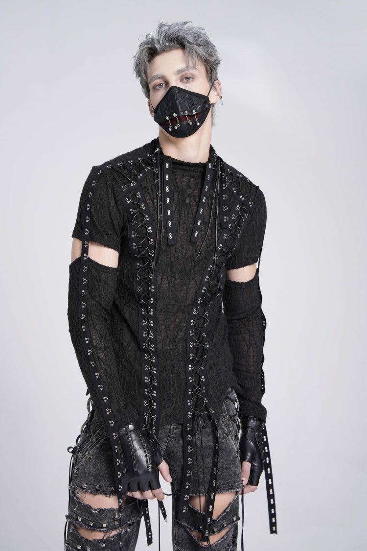 Ebony Long-Sleeve Strap Lace-Up Irregular Sheer Men's Punk Tee